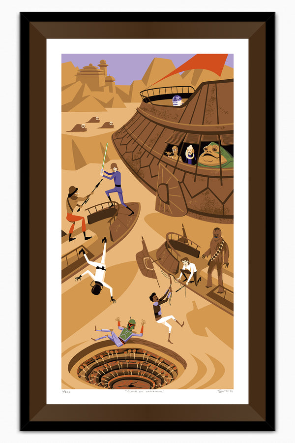 Star Wars: "Return of the Jedi" 40th Anniversary | "Clash at Carkoon" Framed Fine Art Print | Officially Licensed | ©️ & ™️ Lucasfilm Ltd. | SDCC 2023 | Espresso Liner | Shag (Josh Agle) | The Shag Store