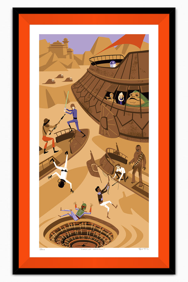 Star Wars: "Return of the Jedi" 40th Anniversary | "Clash at Carkoon" Framed Fine Art Print | Officially Licensed | ©️ & ™️ Lucasfilm Ltd. | SDCC 2023 | Tangerine Liner | Shag (Josh Agle) | The Shag Store