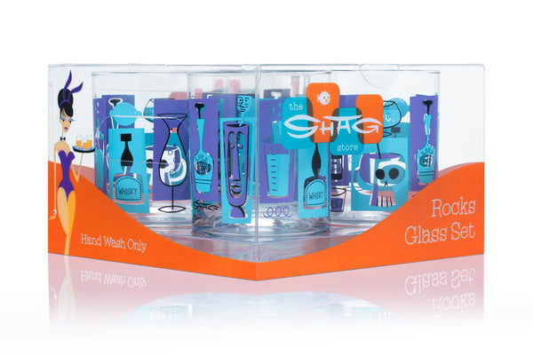 "Happy Hour" Old Fashioned Glass Set | Blue & Purple | Packaging | Shag (Josh Agle) | The Shag Store