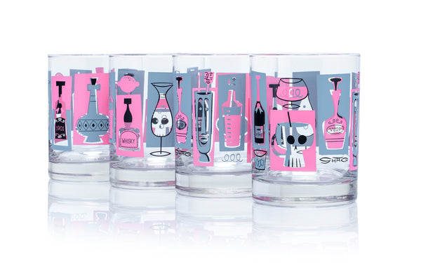 "Happy Hour" Old Fashioned Glass Set | Pink & Gray | Shag (Josh Agle) | The Shag Store