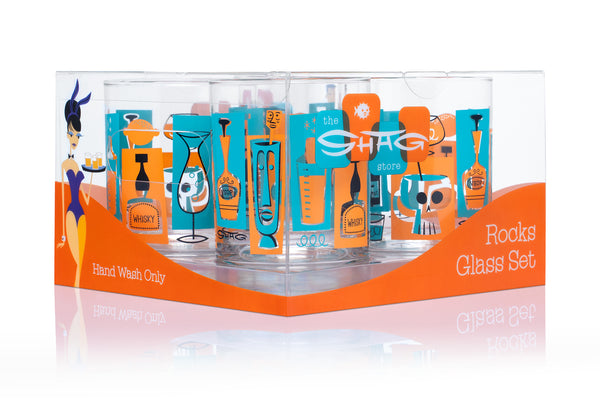 "Happy Hour" Old Fashioned Glass Set | Orange & Blue | Packaging | Shag (Josh Agle) | The Shag Store