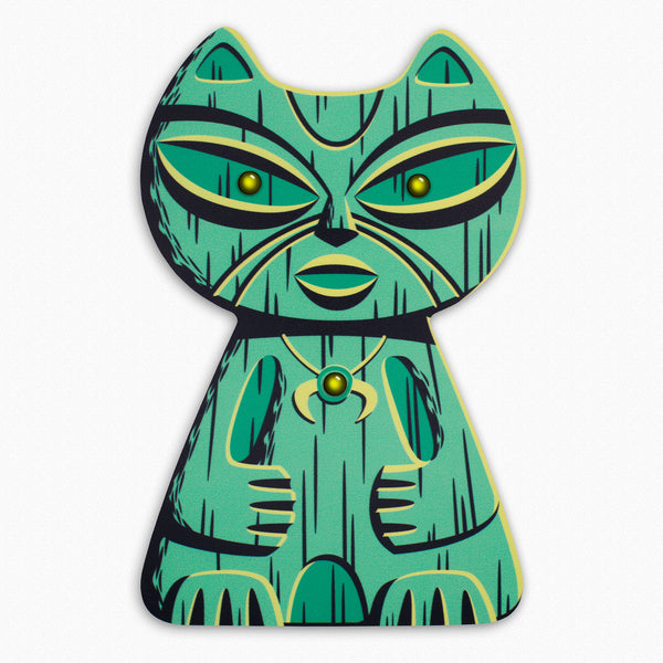 "Green Popoki" Feline Tiki Idol | Embellished Fine Art Print on Wood | Shag (Josh Agle) | The Shag Store