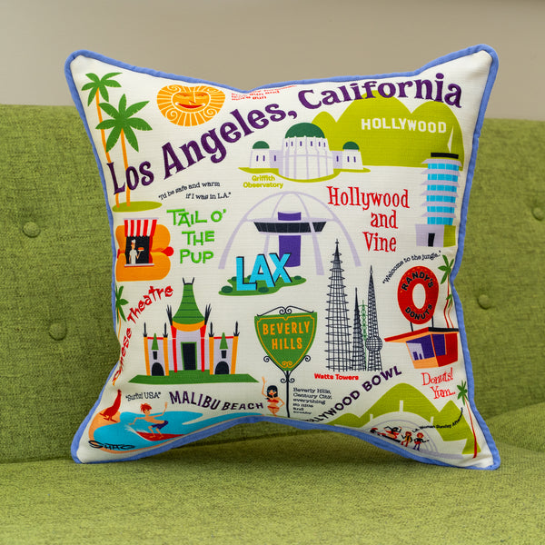 "Los Angeles Icons" Embroidered Throw Pillow | Shag (Josh Agle) | The Shag Store (Sofa Front)
