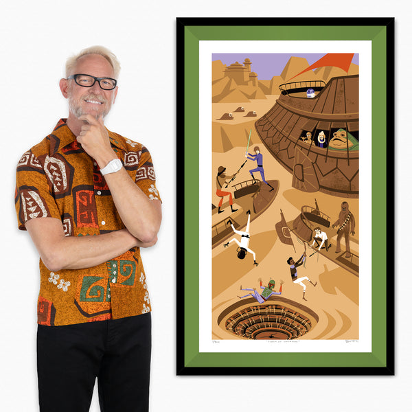 Star Wars: "Return of the Jedi" 40th Anniversary | "Clash at Carkoon" Framed Fine Art Print with Shag (Josh Agle) | Officially Licensed | ©️ & ™️ Lucasfilm Ltd. | SDCC 2023 | Grass Green Liner | The Shag Store