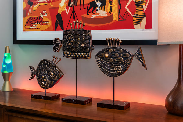 "Bronze Fins" Three Sculpture Set | Shag (Josh Agle) | The Shag Store (House Display 2)