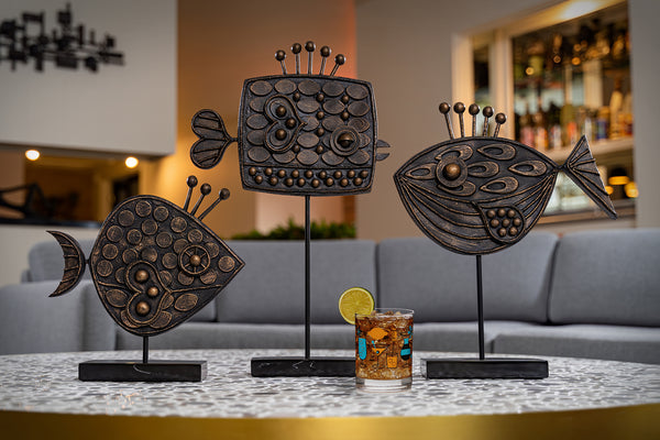 "Bronze Fins" Three Sculpture Set with Shag Glassware | Shag (Josh Agle) | The Shag Store (House Display)