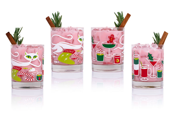"Meowy Christmas" Holiday Old-Fashioned Glass Set | Shag (Josh Agle) | The Shag Store (Drinkware)