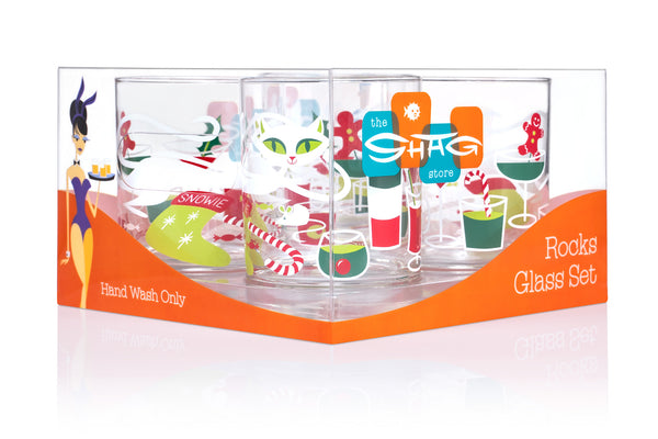 "Meowy Christmas" Holiday Old-Fashioned Glass Set | Shag (Josh Agle) | The Shag Store (Package)