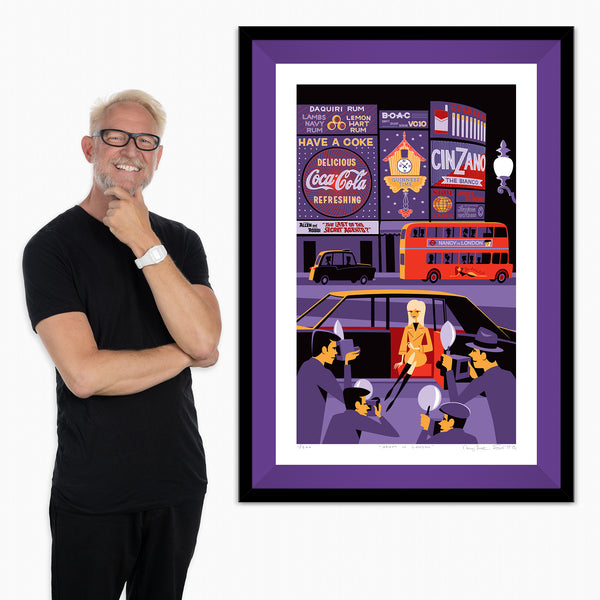 "Nancy in London" Framed Fine Art Print with Shag (Josh Agle) | Hand-Signed by Nancy Sinatra & Shag | Purple Liner | The Shag Store
