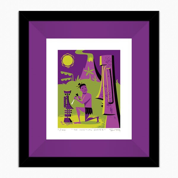 "The Heretical Carver" Framed Fine Art Print | Shag (Josh Agle) | Dark Violet Liner | The Shag Store