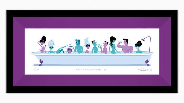 "The Long Hot Bath I" Fine Art Print | Shag (Josh Agle) | Black Frame with Dark Violet Liner | The Shag Store