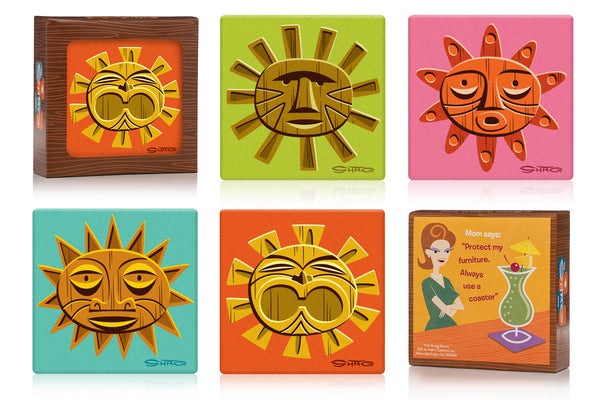 "Tiki Sun" Earthenware Coaster Set | Shag (Josh Agle) | The Shag Store (Package)