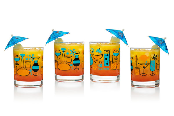 "Cocktails" Old Fashioned Glass Set | Turquoise & Orange Design | Shag (Josh Agle) | The Shag Store (Drinkware)
