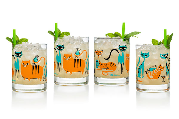 “Kitty Cocktail Party” Old Fashioned Glass Set | Turquoise & Orange Design | Shag (Josh Agle) | The Shag Store (Drinkware)