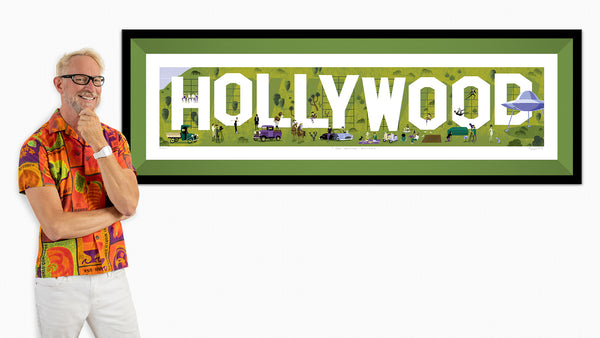 "The Moving Picture" Framed Fine Art Print with Shag (Josh Agle) | Hollywood Sign's 100th Anniversary | ©️ Hollywood Chamber of Commerce | Grass Green Liner | The Shag Store