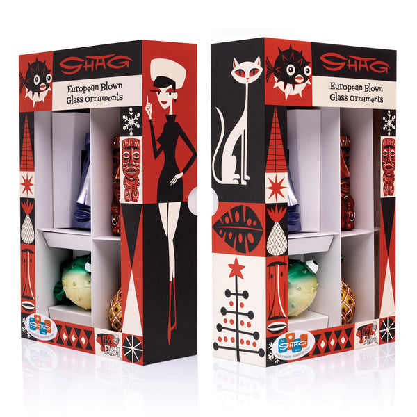 Shag's European Hand-Blown Glass Holiday Ornament Set | Shag (Josh Agle) | The Shag Store (Package Sides)