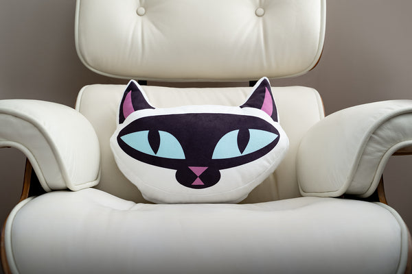 "White Cat" Throw Pillow | Shag (Josh Agle) | The Shag Store (Chair Front)