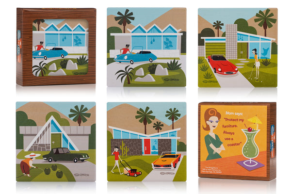 "Palm Springs" Earthenware Coaster Set | "Mid-Century Homes" Edition | Shag (Josh Agle) | The Shag Store (Package)