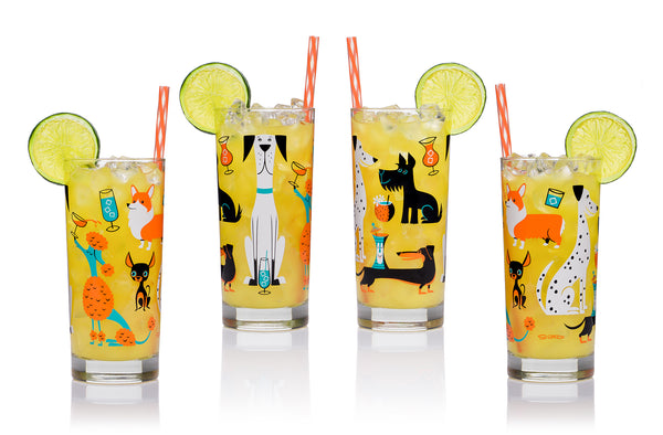 "Cocktail Dogs" Highball Glass Set | Turquoise & Orange Design