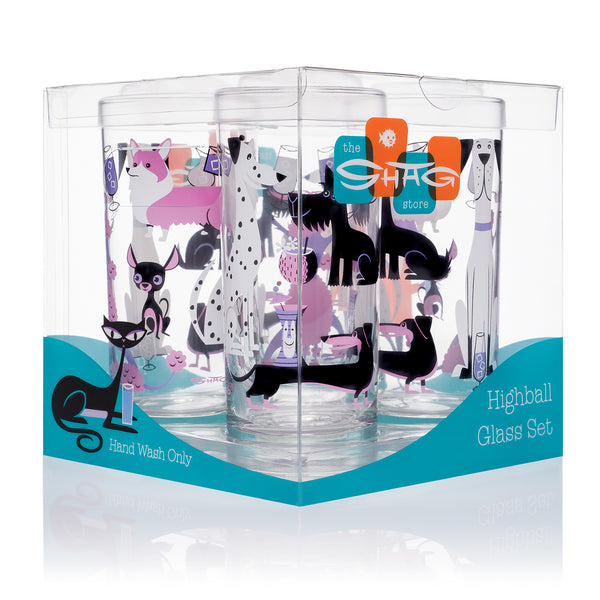 "Cocktail Dogs" Highball Glass Set | Pink & Black