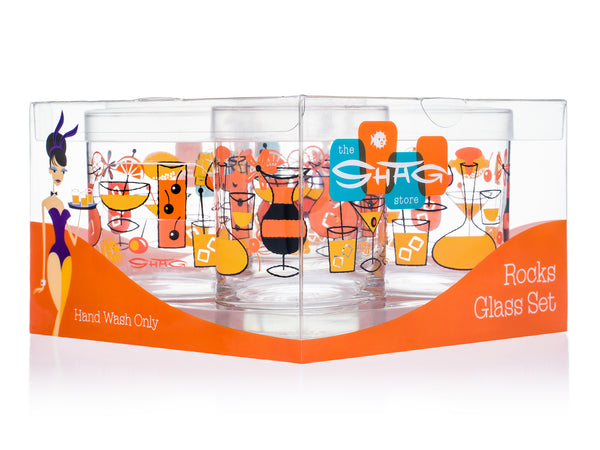 "Cocktails" Old Fashioned Glass Set | Orange Design | Shag (Josh Agle) | The Shag Store (Package)