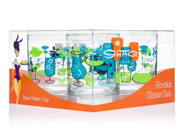 "Cocktails" Old Fashioned Glass Set | Turquoise & Green Design | Shag (Josh Agle) | The Shag Store (Package)
