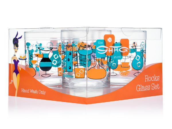 "Cocktails" Old Fashioned Glass Set | Turquoise & Orange Design | Shag (Josh Agle) | The Shag Store (Package)