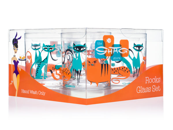 “Kitty Cocktail Party” Old Fashioned Glass Set | Turquoise & Orange Design | Shag (Josh Agle) | The Shag Store (Package)