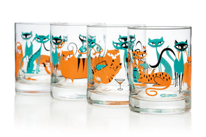 “Kitty Cocktail Party” Old Fashioned Glass Set | Turquoise & Orange Design | Shag (Josh Agle) | The Shag Store