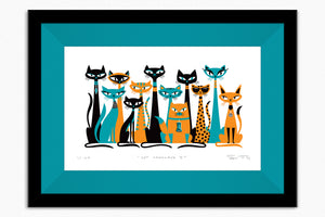 "Cat Conclave I" Framed Fine Art Print | Shag (Josh Agle) | Orange & Turquoise Edition | Jade Green Liner | The Shag Store