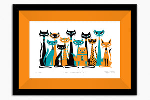 "Cat Conclave I" Framed Fine Art Print | Shag (Josh Agle) | Orange & Turquoise Edition | Orange Liner | The Shag Store