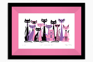 "Cat Conclave II" Framed Fine Art Print | Shag (Josh Agle) | Pink & Purple Edition | Candy Pink Liner | The Shag Store