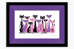 "Cat Conclave II" Framed Fine Art Print with Shag (Josh Agle) | Pink & Purple Edition | Purple Liner | The Shag Store