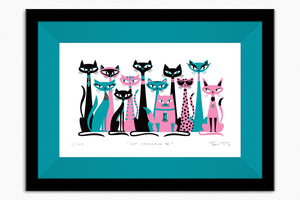 "Cat Conclave III" Framed Fine Art Print | Shag (Josh Agle) | Pink & Turquoise Edition | Jade Green Liner | The Shag Store