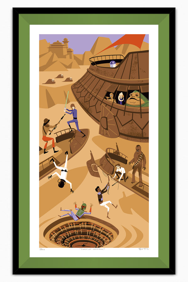 Star Wars: "Return of the Jedi" 40th Anniversary | "Clash at Carkoon" Framed Fine Art Print | Officially Licensed | ©️ & ™️ Lucasfilm Ltd. | SDCC 2023 | Grass Green Liner | Shag (Josh Agle) | The Shag Store