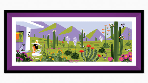 "Desert Bloom" Framed Fine Art Print | Shag (Josh Agle) | Dark Violet Liner | The Shag Store