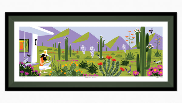 "Desert Bloom" Framed Fine Art Print | Shag (Josh Agle) | Hunter Green Liner | The Shag Store
