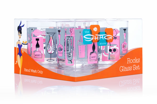 "Happy Hour" Old Fashioned Glass Set | Pink & Gray | Packaging | Shag (Josh Agle) | The Shag Store