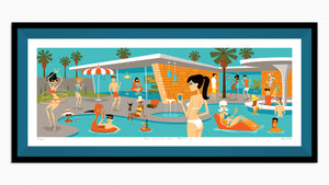 "Palm Springs Pool Party" Framed Fine Art Print | Shag (Josh Agle) | Teal Liner | The Shag Store