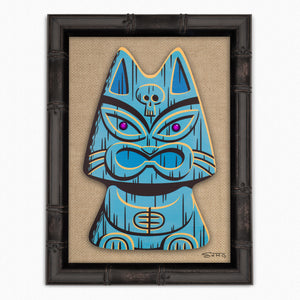 "Blue Popoki" Feline Tiki Idol | Framed Embellished Fine Art Print on Wood | Shag (Josh Agle) | The Shag Store