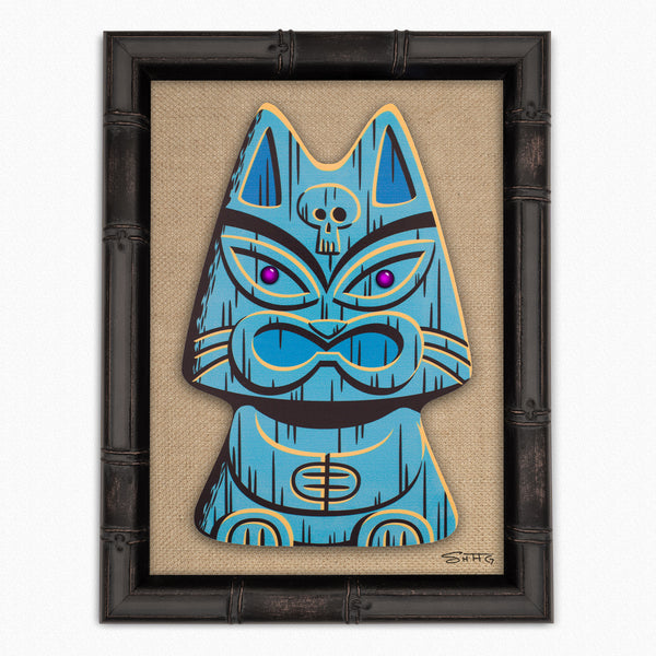 "Blue Popoki" Feline Tiki Idol | Embellished Fine Art Print on Wood