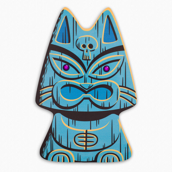 "Blue Popoki" Feline Tiki Idol | Embellished Fine Art Print on Wood