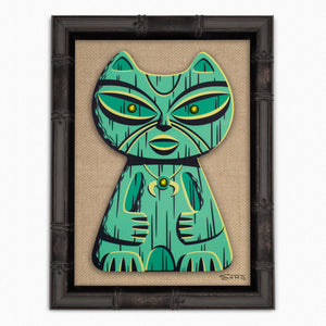 "Green Popoki" Feline Tiki Idol | Framed Embellished Fine Art Print on Wood | Shag (Josh Agle) | The Shag Store