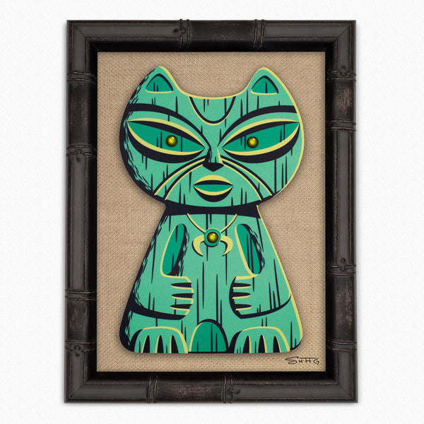 "Green Popoki" Feline Tiki Idol | Embellished Fine Art Print on Wood