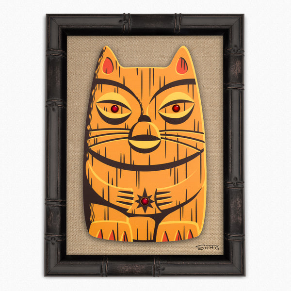 "Orange Popoki" Feline Tiki Idol | Embellished Fine Art Print on Wood