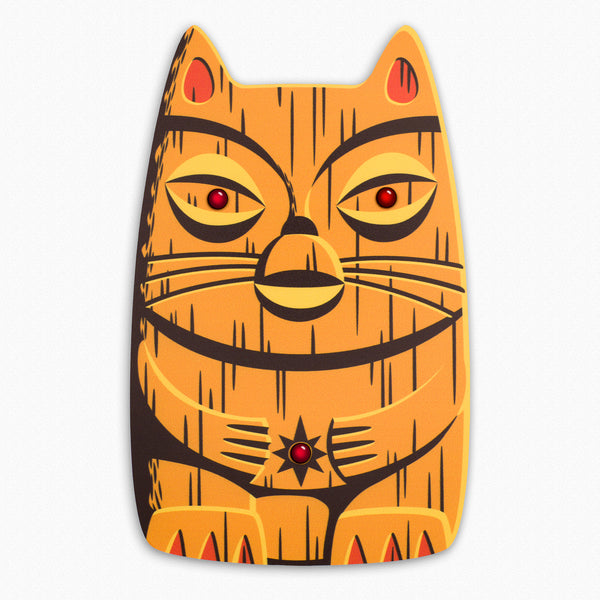 "Orange Popoki" Feline Tiki Idol | Embellished Fine Art Print on Wood