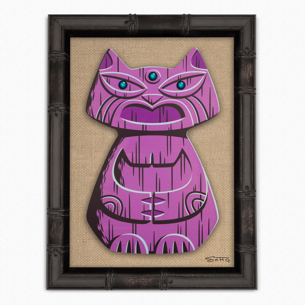 "Purple Popoki" Feline Tiki Idol | Embellished Fine Art Print on Wood