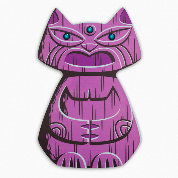 "Purple Popoki" Feline Tiki Idol | Embellished Fine Art Print on Wood