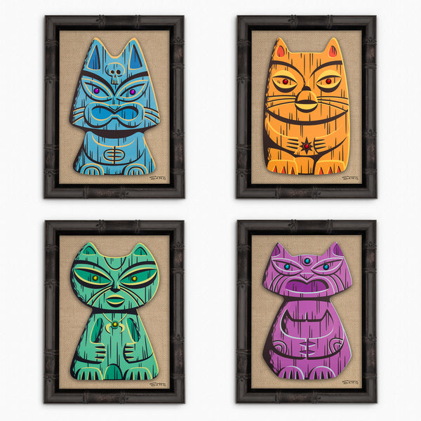 "Popoki" Feline Tiki Idols Complete Set | Embellished Fine Art Print on Wood