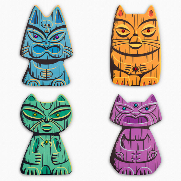 "Popoki" Feline Tiki Idols Complete Set | Embellished Fine Art Print on Wood